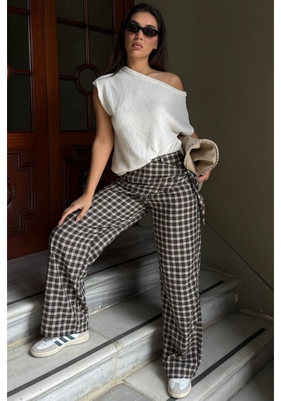 Madmext Kahverengi Fularlı Ekose Pantolon Mg2734