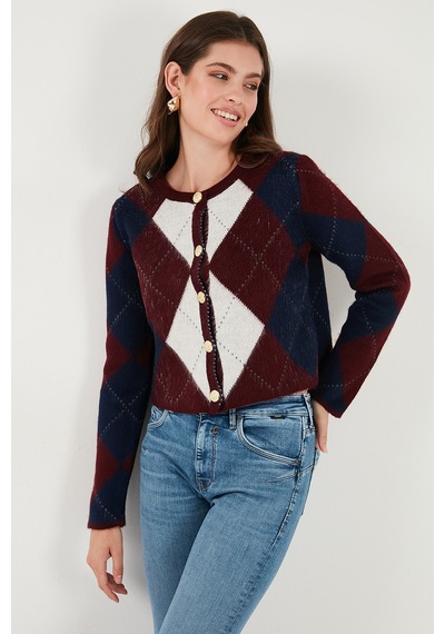 Lela Regular Fit Bisiklet Yaka Baklava Desenli Düğmeli Crop Bayan Hırka 4615570 Bordo