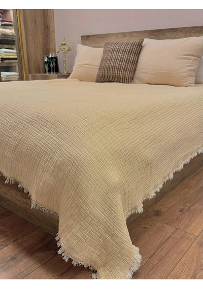 Krem 7 Katlı Çift Taraflı Dolgulu Çift Kişilik Müslin Battaniye %100 Pamuk 230x240 Cm Krem