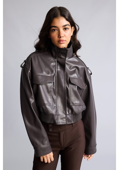 Defacto Dik Yaka Cepli Crop Suni Deri Mont H3753ax26aubn604 Kahve-bn604
