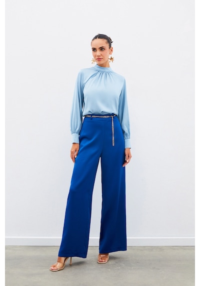 Sateen Yaka Detaylı Saten Bluz - Bebe Mavi-134912 Bebe Mavi