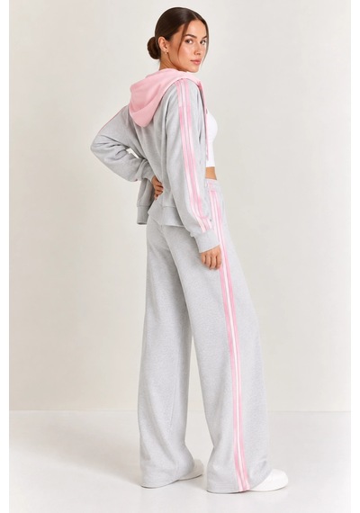 Mevese Kadın Kapüşonlu Oversize Sweatshirt & Bol Eşofman Altı İkili Takım- Gri-pembe Mevese Kadın Kapüşonlu Oversize Sweatshirt & Bol Eşofman Altı İkili Takım- Gri-pembe