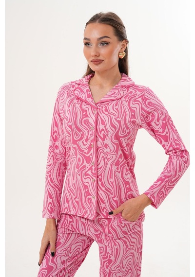 Çift Kaplan Kadın Pamuk Gömlek Yaka Önden Düğmeli Pembe Pijama Takımı 7023 Pembe