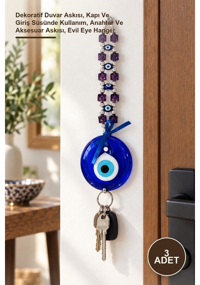 3 Adet Nazar Boncuğu Askılık Dekoratif Duvar Askısı, Kapı Ve Giriş Süsünde Kullanım, Anahtar Ve Aksesuar Askısı, Evil Eye Hanger Diğer
