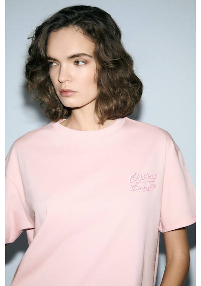 Grımelange Tılorıa Kadın Organik Pamuklu Baskılı Bisiklet Yaka Regular Fit Somon T-shirt Somon
