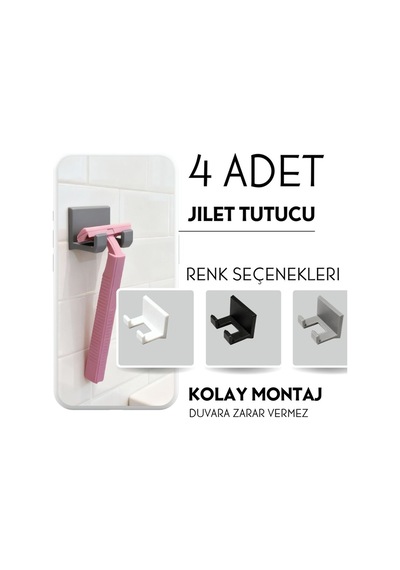 Yapışkanlı Jilet Tutucu 4 Lü Banyo Ve Duş İçin Duvar Askısı, Düzenleyici Askı Gri Diğer