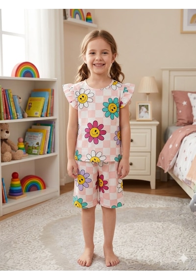 Aliş Kids Kız Çocuk Pamuklu Yavruağzı Papatya Çiçek Desenli Kısa Kollu Şortlu Yazlık Pijama Takımı Aliş Kids Kız Çocuk Pamuklu Yavruağzı Papatya Çiçek Desenli Kısa Kollu Şortlu Yazlık Pijama Takımı