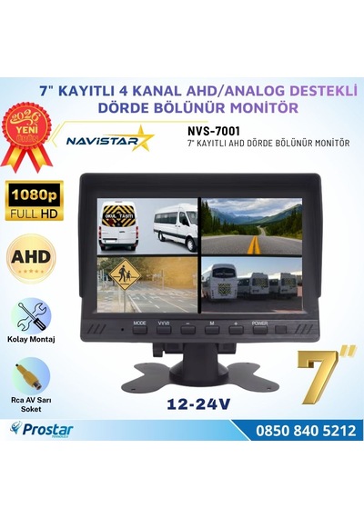 Kayıtlı 7 İnç Ahd Analog 4 Kanal Full Hd Quad Araç Monitörü Rca Bağlantılı 12-24v