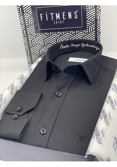 Slim Fit Uzun Kol Ömür Boyu Yakandayım Nakışlı Hediye Kutulu Erkek Gömlek Fs-001376 - Siyah-1785