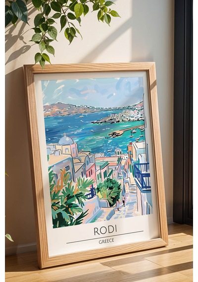 Yunanistan Rodi Temalı Çerçeveli Tablo Travel Serisi Modern İllüstrasyon Ada Duvar Dekoru Kayın