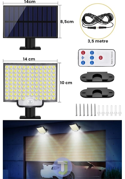 Technojet 110 Ledli Solar Güneş Enerjili Kumandalı Hareket Sensörlü Bahçe Aydınlatma Sokak Lambası