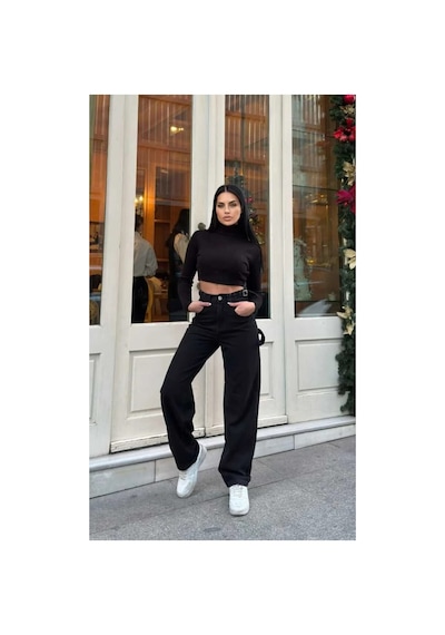 Kene Jeans Yüksek Bel Siyah Yan Kemer Tokalı Kargo Cep/baggy Bol Paça Jeans Siyah