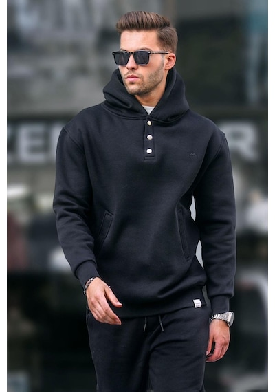Madmext Siyah Kapüşonlu Düğme Detaylı Sweatshirt 6150-siyah Siyah