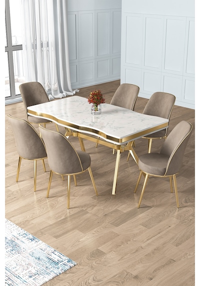 Canisa Prah Serisi 90x160 Lak Panel Beyaz Mermer Desen Gold Ayak Masa Takımı Ve 6 Cappucino Sandalye Bej Canisa Prah Serisi 90x160 Lak Panel Beyaz Mermer Desen Gold Ayak Masa Takımı Ve 6 Cappucino Sandalye Bej
