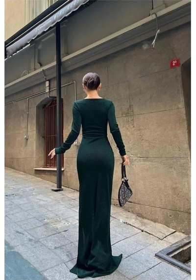 Euro Class Kadın Tasarım Kalp Yaka Yırtmaçlı Uzun Kollu Abiye Elbise Zümrüt