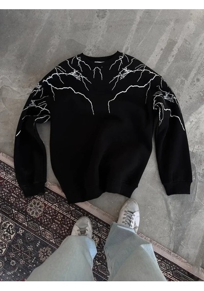 Vexor Yıldırım Baskılı Bisiklet Yaka Sweatshirt - Siyah