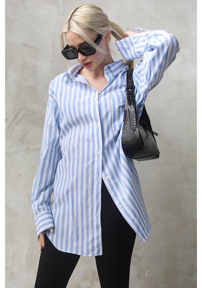 Madmext Mavi Çizgili Oversize Kadın Gömlek Mg1688