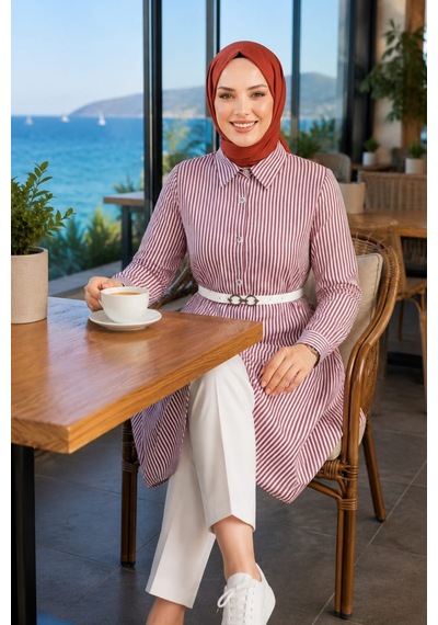 Hb Harma Time Butik Kadın Çizgi Desenli Kemerli Keten Mor Gömlek