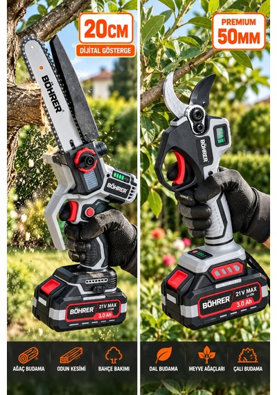 Böhrer Ba0115409 Akülü Dal Budama Seti 20 Cm Zincirli Testere + 50 Mm Budama Makası Dijital Göstergeli -21v