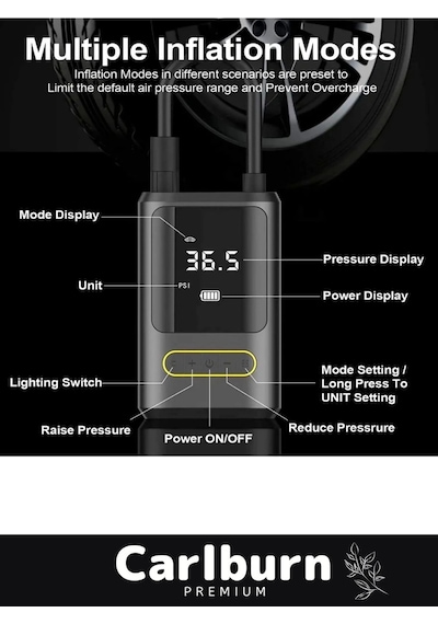 Premium Kablosuz Oto Araç Mini 4000mah Powerbank 150 Psı Işıklı Aydınlatmalı Oto Hava Kompresörü