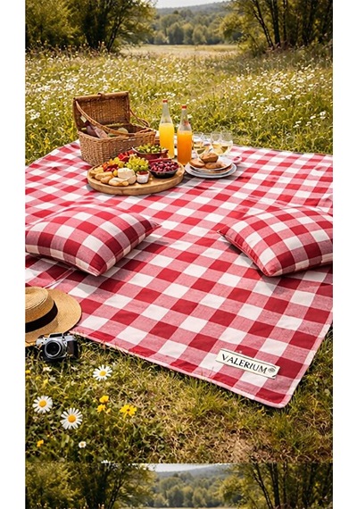 Valerium Sıvıya Ve Lekeye Dayanıklı Silikon Dolgulu Piknik Seti 170x170cm + 2 Minder Kırmızı