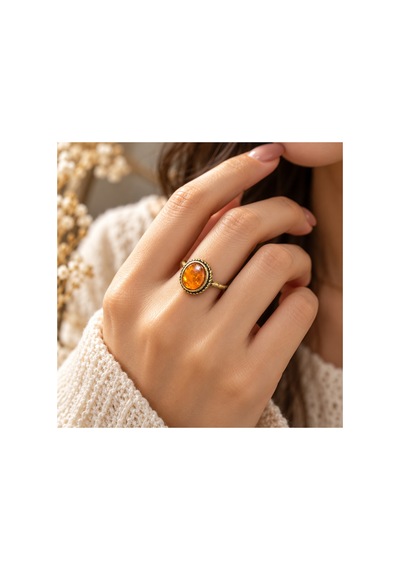 Esoo Jewelry Turuncu Oval Taş Detaylı Eskitme Gold Vintage Ayarlanabilir Kadın Yüzük