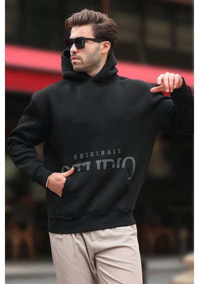 Siyah Kapüşonlu Baskılı Cep Detaylı Sweatshirt E7076 Siyah