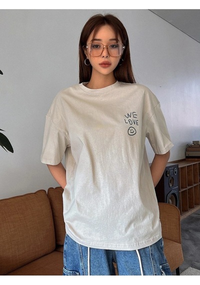 Flood Of Style Kadın Bej Love Love Love Baskılı Oversize T-shirt
