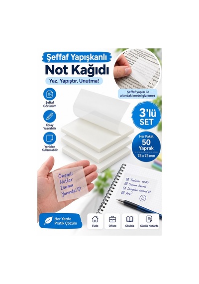 Beyaz Yapışkanlı Şeffaf Not Kağıdı 50 Yaprak 3 Paket Kare Transparan Postit 75x75 Mm Yarı Saydam İşaretleyici Aydınger