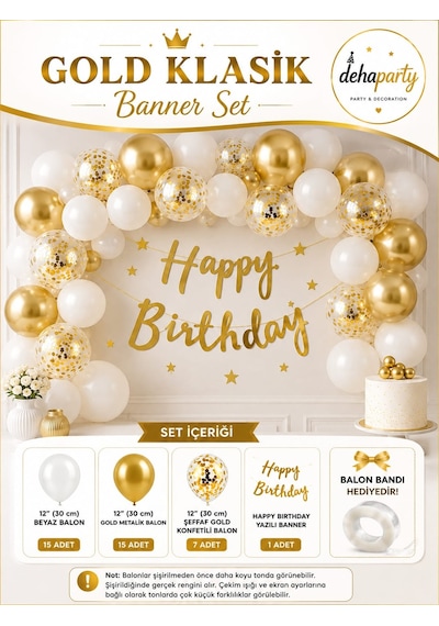 Happy Bırthday Yazı Gold Konfetili 34 Adet Balon Beyaz Gold Balon Parti Doğum Günü Seti Çok Renkli