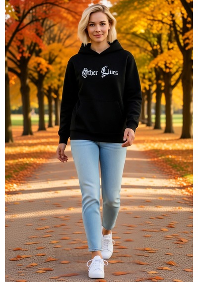 Ersefa Kadın Üç İplik Kapüşonlu Sweatshirt Hoodie Göğsü Gotik Yazı Baskı siyah