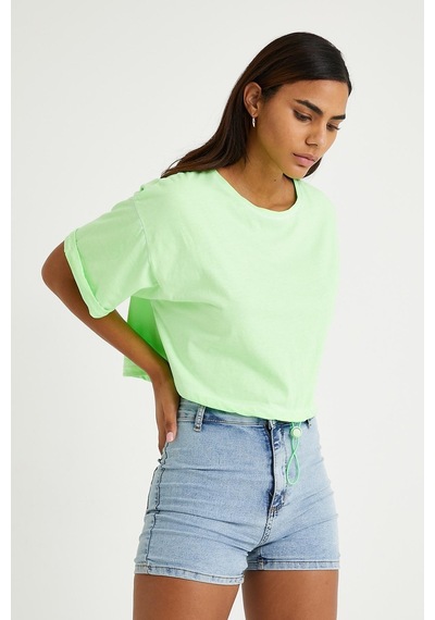 Kadın Neon Yağ Yıkamalı T-shirt Yeşil