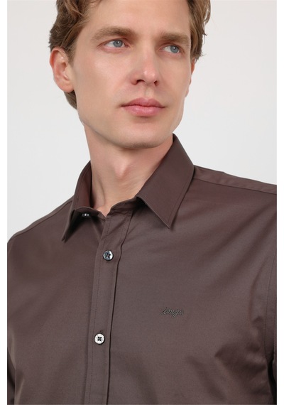 İmza Kahverengi Sert Yaka Uzun Kol Cepsiz Slim Fit Pamuklu Gömlek 1004260213