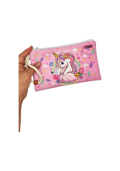 Bahar Unicorn Çiçekli Desenli Kalem Kutusu Yıkanabilir Bez Kalemlik Pembe