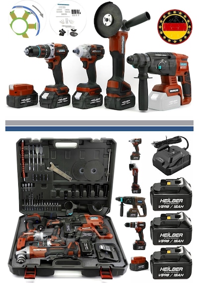Böhrer BA01012K Kırmızı Akülü Kırıcı Delici + 125 MM Taşlama + 13 MM Vidalama + 450 NM Somun Sıkma + Lamba 5'li Set