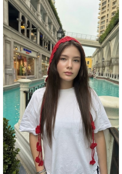 Mollycrush Kırmızı Yazlık Çiçek Motifli Örgü Bandana Kadın Plaj Hair Band Kırmızı