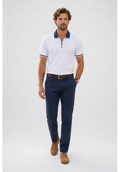Tudors Erkek Slim Fit Dar Kesim %100 Pamuk Kısa Kollu Yarım Fermuarlı Beyaz Polo Yaka Tişört-50744