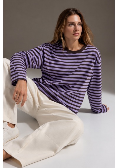Wild Bee Kadın Lila Kahverengi Çizgili Pamuklu Bisiklet Yaka Oversize Bluz