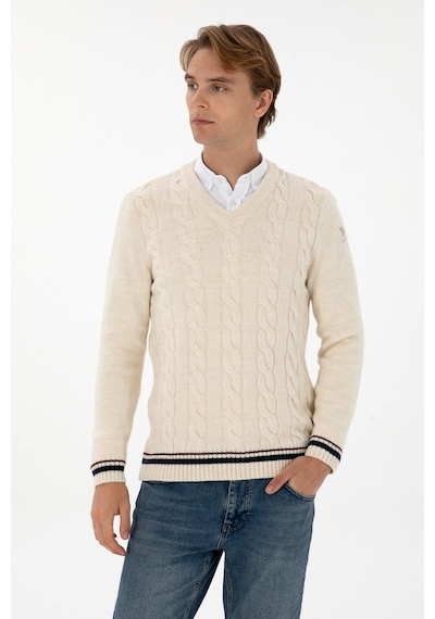 U.S. Polo Assn. Erkek Regular Fit V Yaka Krem Kazak 50308337-VR256