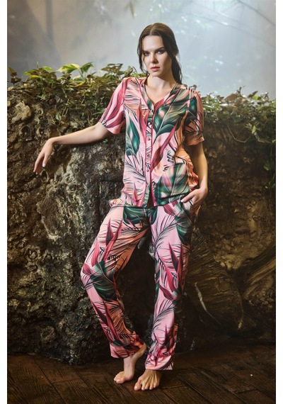 Monamise Kadın Yaprak Desenli Önü Boydan Düğmeli Pijama Takımı Pembe