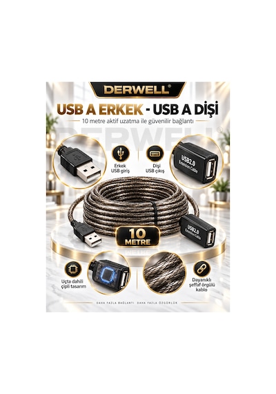 Yeni 2026 10 Metre Usb 2.0 Aktif Uzatma Kablosu Dahili Güçlendirilmiş Sinyal Çipli Kopma Donma Yapmaz Tak Çalıştır Erkek Dişi Yüksek Hızlı Kararlı Veri Aktarım Kablosu Gold Seri Premium