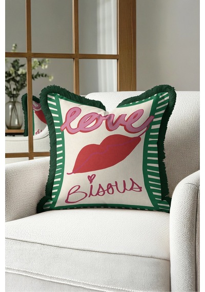 Love Dudak Motifli Saçaklı Yastık Kılıfı - Romantik Pop Art Krem Yeşil Gri Püsküllü Kırlent Kılıfı Beyaz