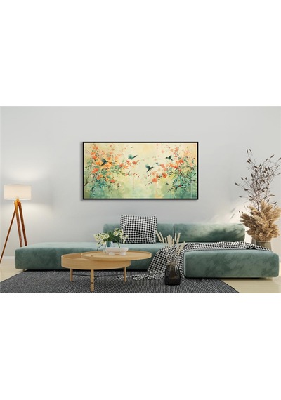 Yağlı Boya Dokulu Tablo Bahar Çiçekleri Ve Sinek Kuşları Siyah Çerçeveli U04027-178941
