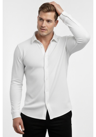 Deepsea Beyaz Slim Fit Örme Kumaş Likralı Erkek Gömlek Nefes Alan Esnek Ve Modern Tasarım 2602604 Beyaz
