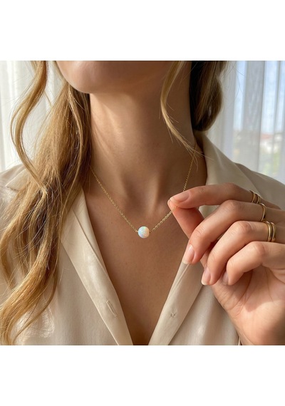925 Ayar Gümüş Beyaz Küre Opal Taşlı Altın Kaplama Kolye Gold