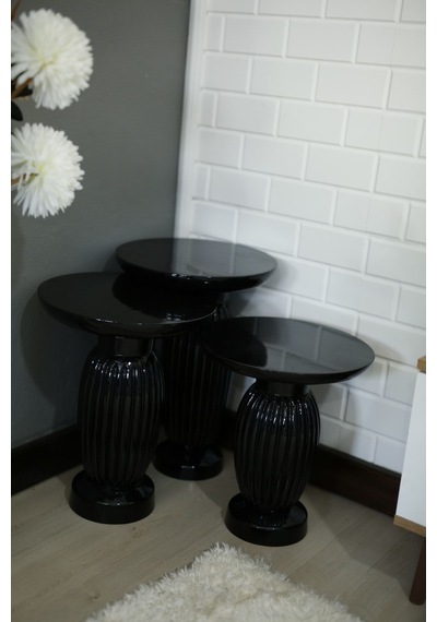 Wood Wooden Ahşap 3 Lü Siyah Renk Fitilli Mantar Yan Sehpa Modern Fiskos / Çiçeklik / Zigon Sehpa Siyah
