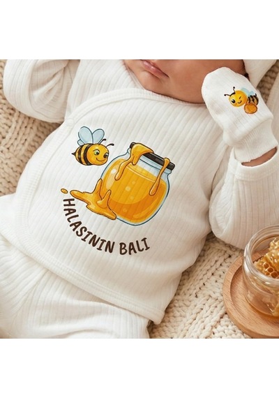 Lexroo Halasının Balı Yazılı Bebek Hastane Çıkış Seti 5 Li Zıbın Set%100 Pamuk Çok Renkli