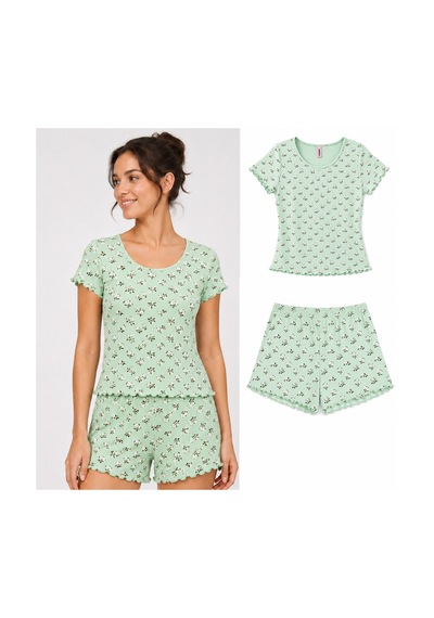Bonbon Kadın Bohçalık Çeyizlik Hediyelik Pointel Kumaş Şort Kısa Kol Tshirt Ve Bralet 3'lü Pijama Takım Bb2414 Yeşil