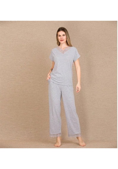 Ang Butik Kadın Viskon Şık Tasarım Dantel İşlemeli Gri Kısa Kol Pijama Takımı