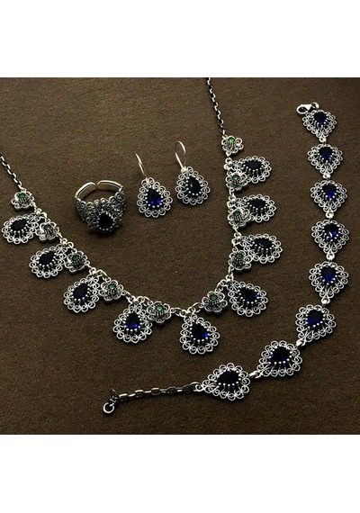 Damla Model Safir Taşlı Gümüş Oksitli Telkari Kadın Set